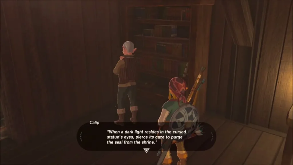 Calip in his hut reciting the clue about piercing the cursed statue's gaze Calip in his hut reciting the clue about piercing the cursed statue's gaze