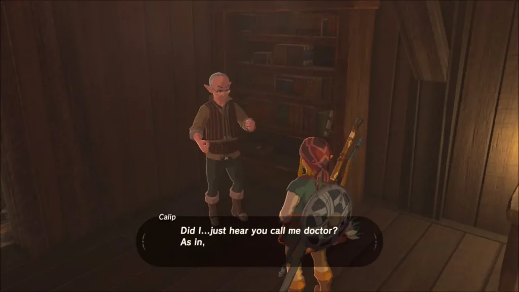 Calip talking with Link among the bookshelves in his hut Calip talking with Link among the bookshelves in his hut