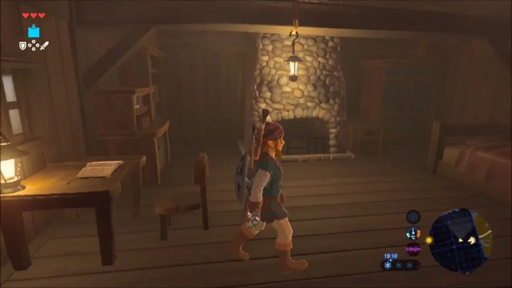 Link walking through Calip's cosy hut past the fireplace Link walking through Calip's cosy hut past the fireplace