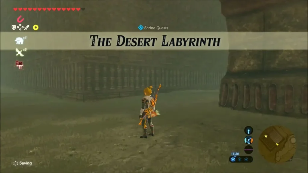 The Desert Labyrinth quest title as Link stands before the walls The Desert Labyrinth quest title as Link stands before the walls