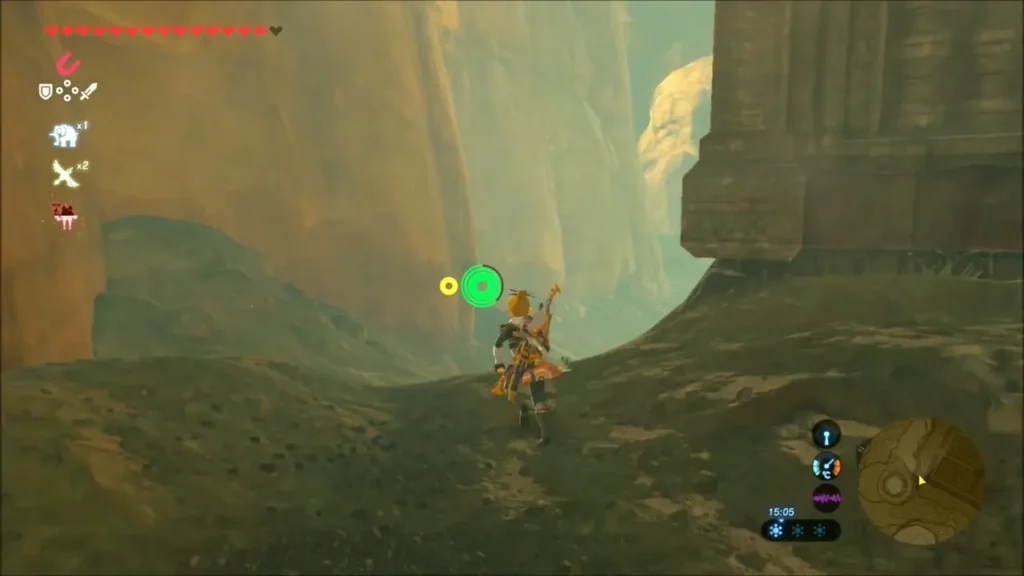 Link running through a sandy canyon beside the labyrinth wall Link running through a sandy canyon beside the labyrinth wall
