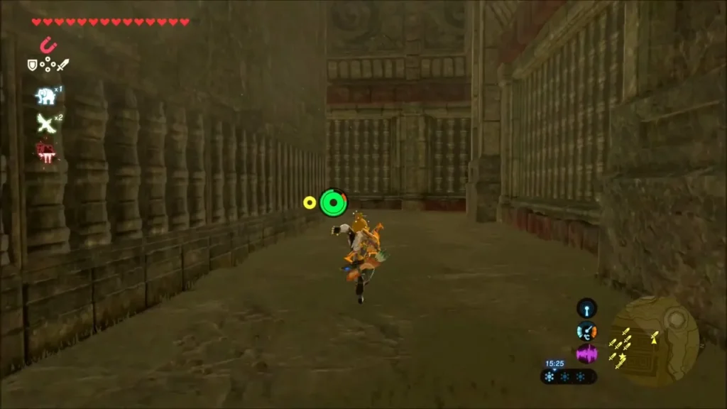 Link running down a long carved corridor in the maze Link running down a long carved corridor in the maze