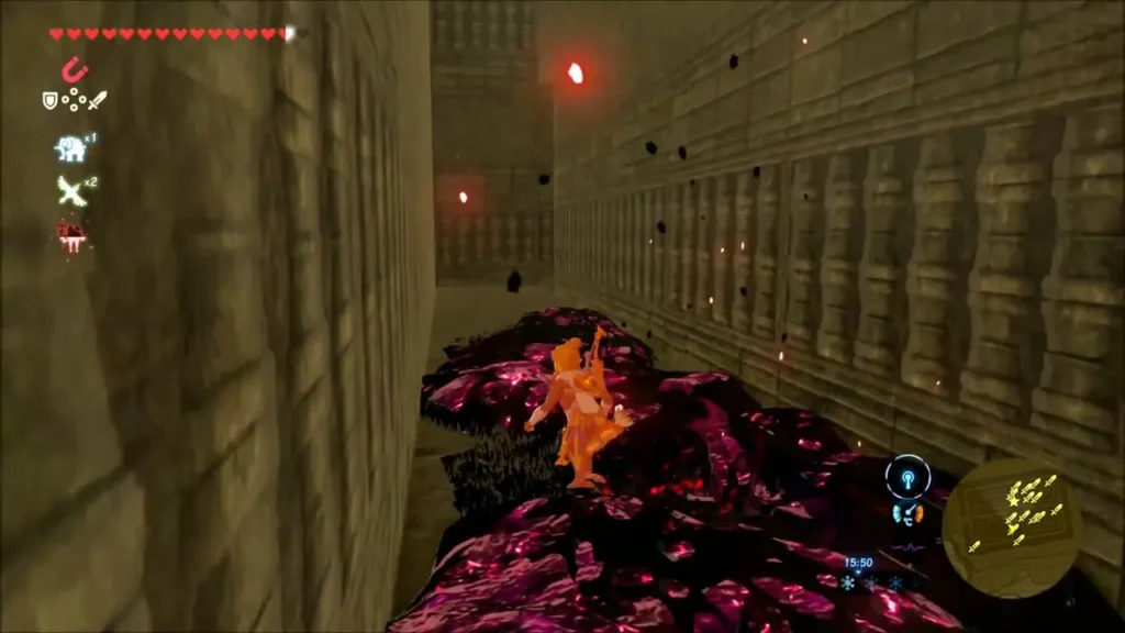 Link picking his way across Malice blocking a narrow passage Link picking his way across Malice blocking a narrow passage