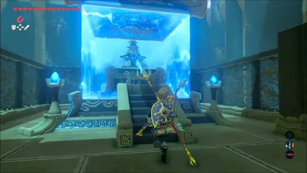 Link climbing the steps to the shrine's glowing blue altar Link climbing the steps to the shrine's glowing blue altar