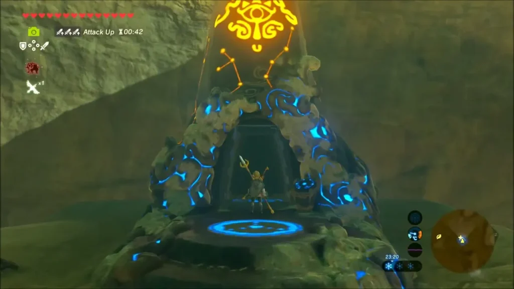 Link raising his arms on the glowing Dako Tah Shrine entrance Link raising his arms on the glowing Dako Tah Shrine entrance