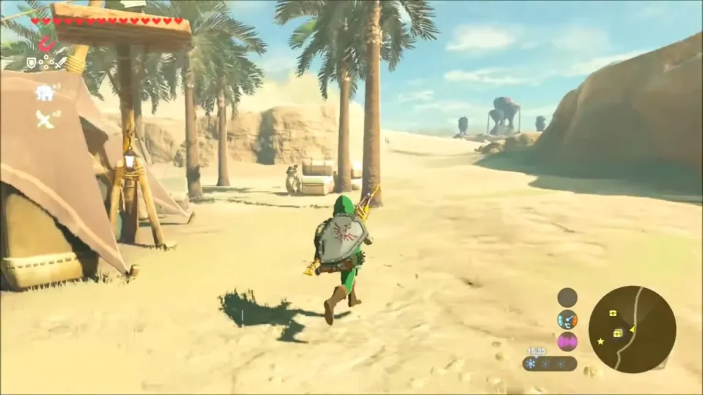 Link running past palm trees at the edge of the bazaar Link running past palm trees at the edge of the bazaar