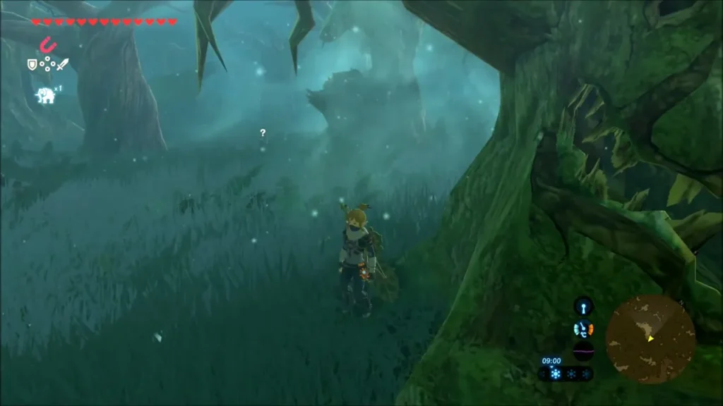 Link waiting beside a giant tree in the misty forest Link waiting beside a giant tree in the misty forest