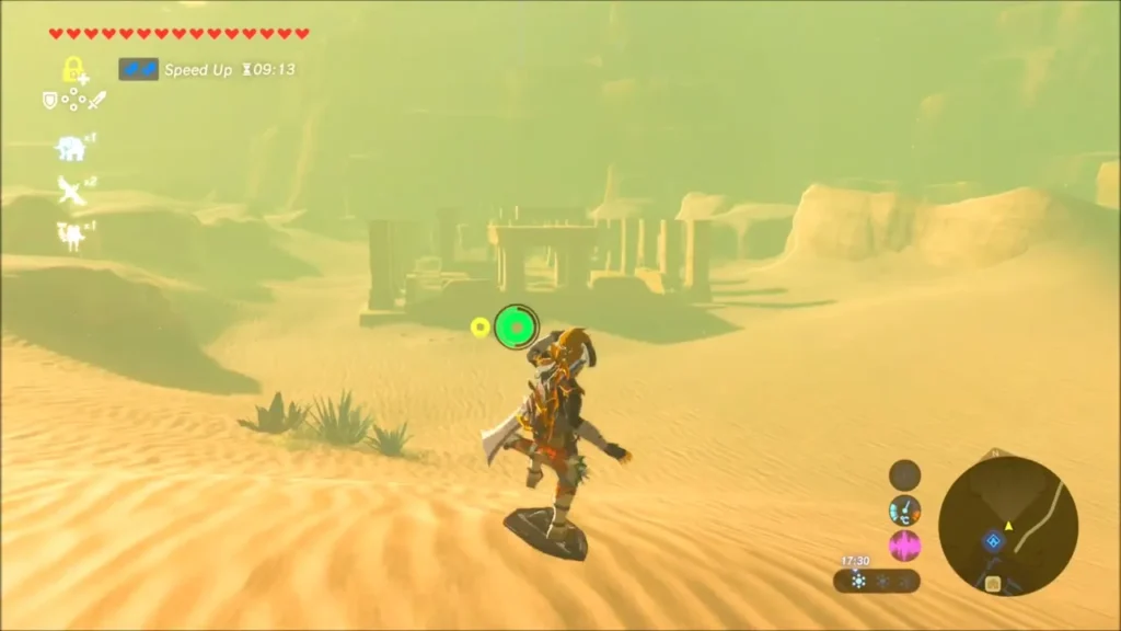 Link sand-sailing across the desert toward the ruins north of Gerudo Town Link sand-sailing across the desert toward the ruins north of Gerudo Town