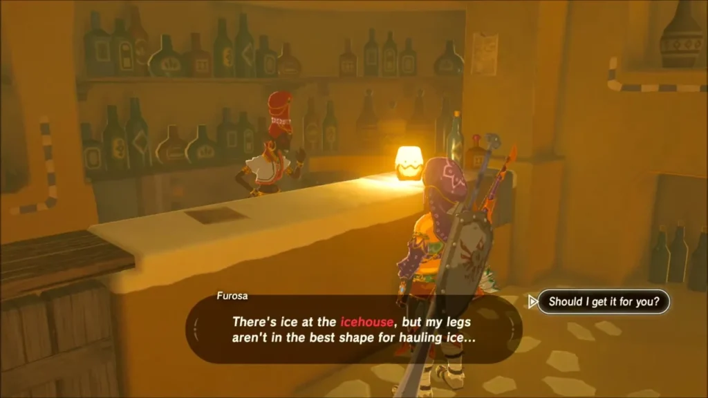 Furosa behind the bar explaining there is ice at the icehouse Furosa behind the bar explaining there is ice at the icehouse