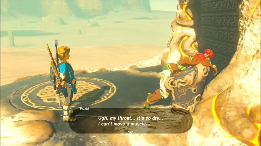 Pokki slumped against the shrine terminal as Link stands on the pad Pokki slumped against the shrine terminal as Link stands on the pad