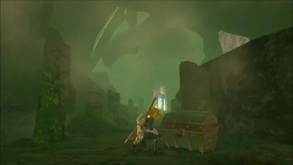 Link kneeling by a treasure chest on the path to the Spring of Courage Link kneeling by a treasure chest on the path to the Spring of Courage