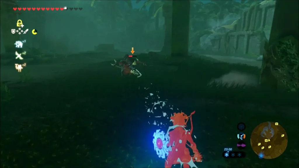 Link fighting a red Lizalfos among the ruins Link fighting a red Lizalfos among the ruins