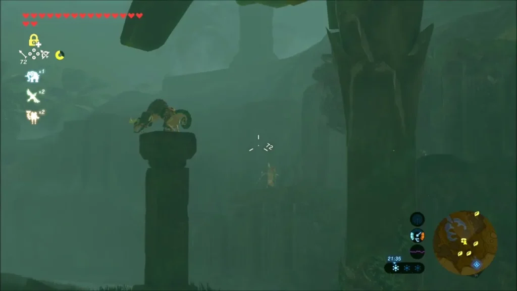 A Lizalfos crouched on a ruined pillar in the fog A Lizalfos crouched on a ruined pillar in the fog