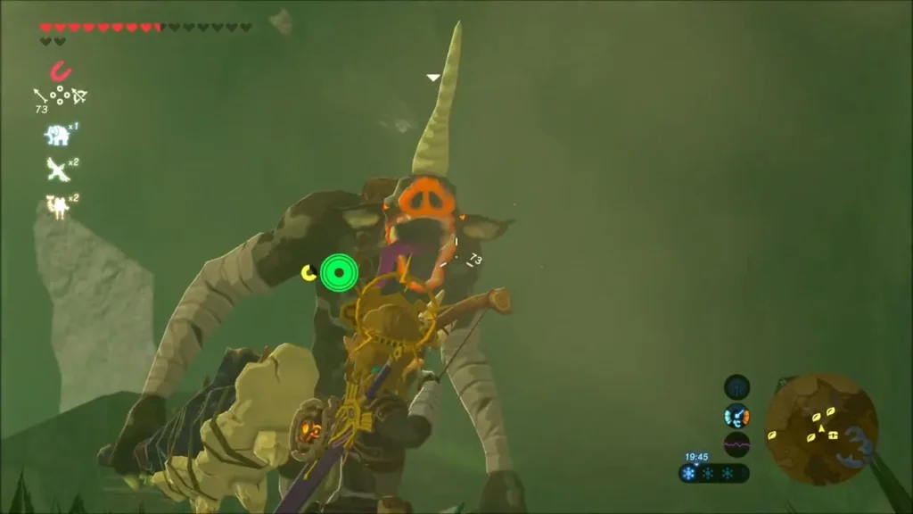 A large Moblin lunging at Link in the green mist A large Moblin lunging at Link in the green mist
