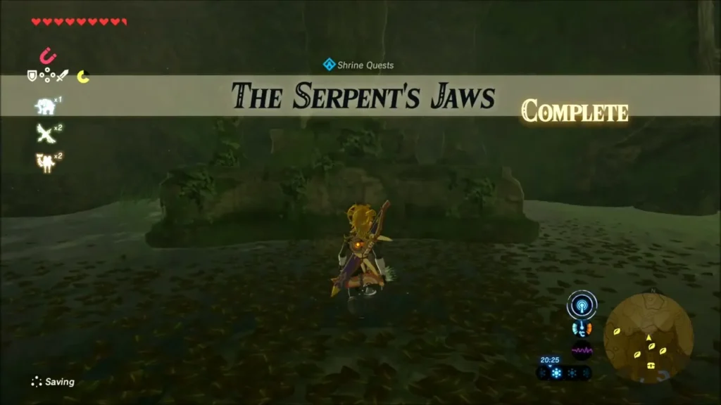 Link at the pool with The Serpent's Jaws shrine quest complete banner Link at the pool with The Serpent's Jaws shrine quest complete banner
