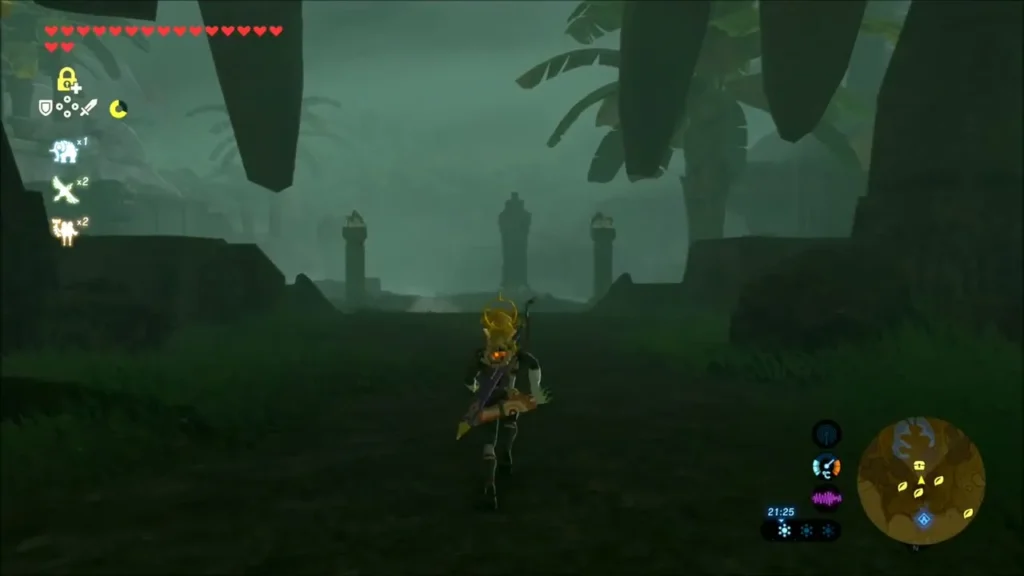 Link running through the misty ruins toward the stone dragon Link running through the misty ruins toward the stone dragon