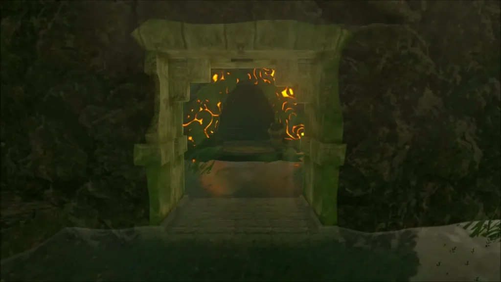 The stone doorway glowing orange after opening, leading to Shae Katha Shrine The stone doorway glowing orange after opening, leading to Shae Katha Shrine