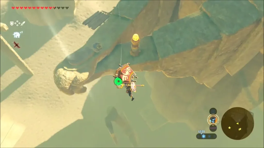 Link gliding toward an orb resting on top of a statue Link gliding toward an orb resting on top of a statue