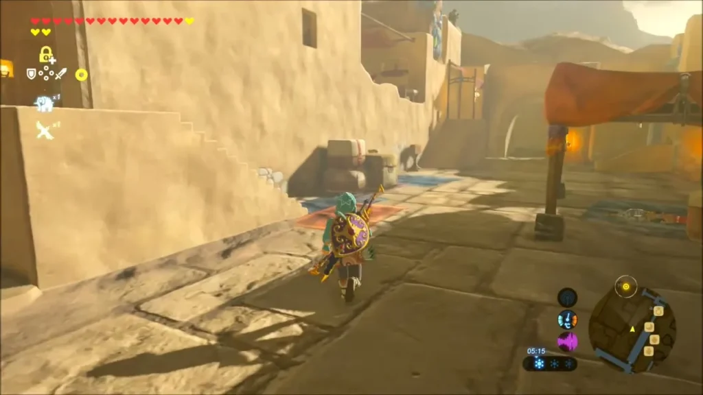 Link walking down a Gerudo Town street toward Rotana's house Link walking down a Gerudo Town street toward Rotana's house
