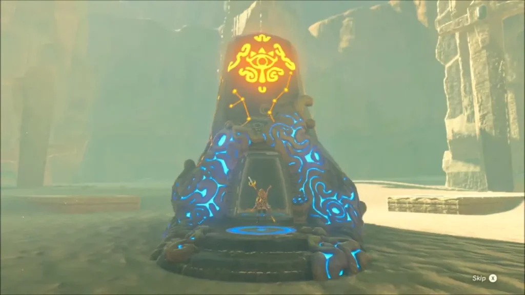 Korsh O'hu Shrine lit blue with Link at its entrance Korsh O'hu Shrine lit blue with Link at its entrance