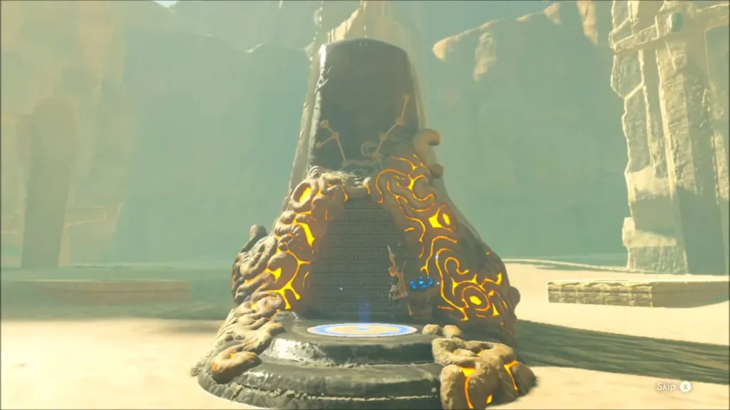 The shrine fully risen with its glowing orange markings The shrine fully risen with its glowing orange markings