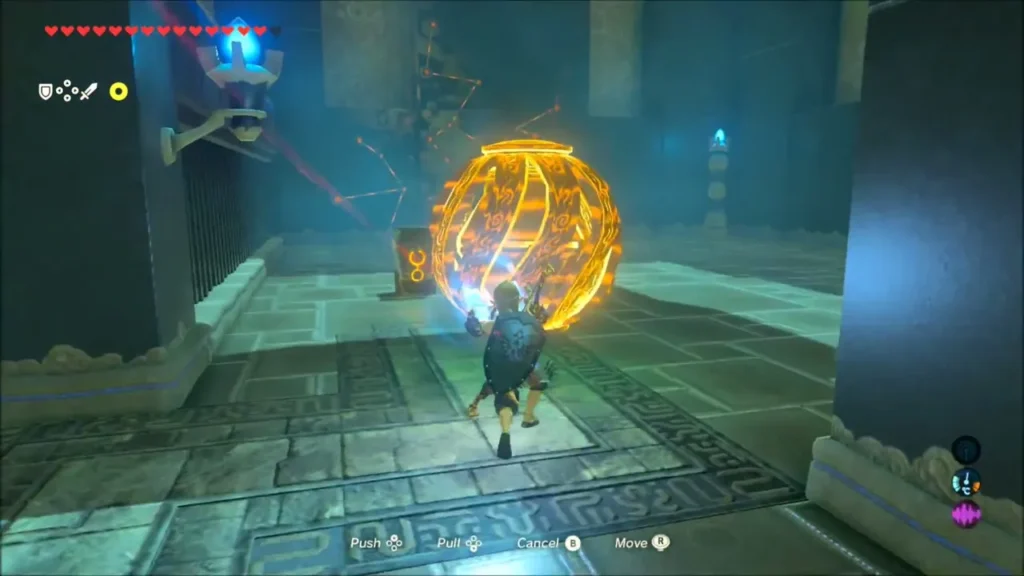 Link pushing a glowing orb through the shrine's delayed puzzle