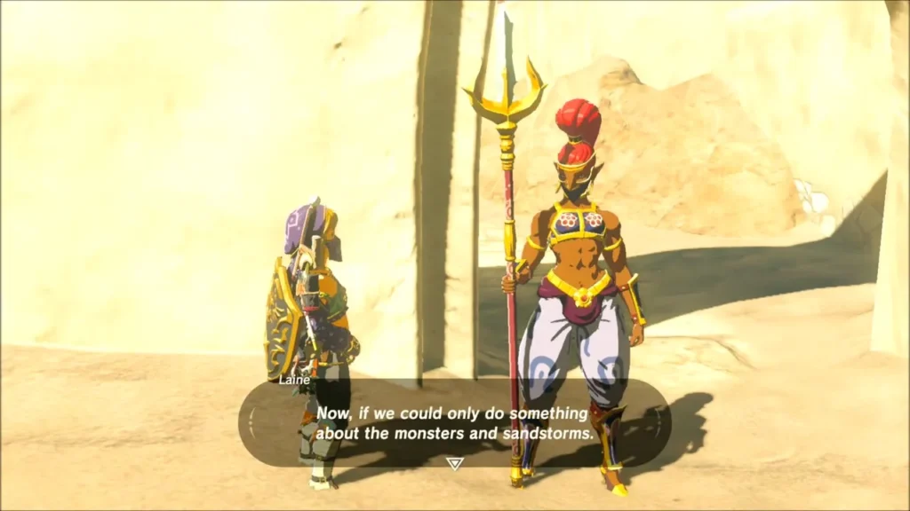 Link speaking with Laine, a Gerudo guard with a trident, in the desert