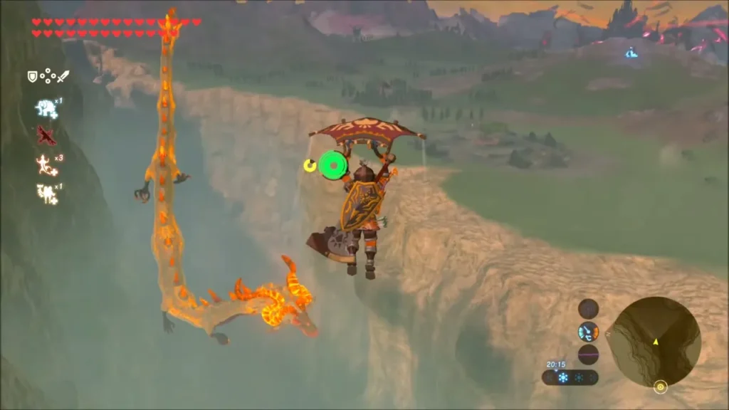 Dinraal's long fiery body coiling in the canyon beside gliding Link Dinraal's long fiery body coiling in the canyon beside gliding Link