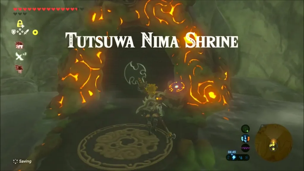 Link at the entrance of Tutsuwa Nima Shrine with its name on screen Link at the entrance of Tutsuwa Nima Shrine with its name on screen