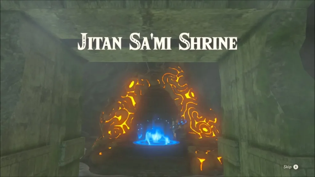 Jitan Sa'mi Shrine entrance glowing orange with its blue warp pad inside Jitan Sa'mi Shrine entrance glowing orange with its blue warp pad inside