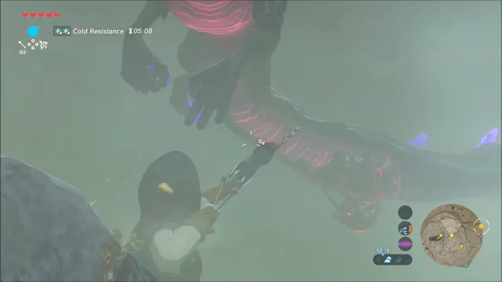 Link drawing his bow at Naydra from a rock ledge Link drawing his bow at Naydra from a rock ledge