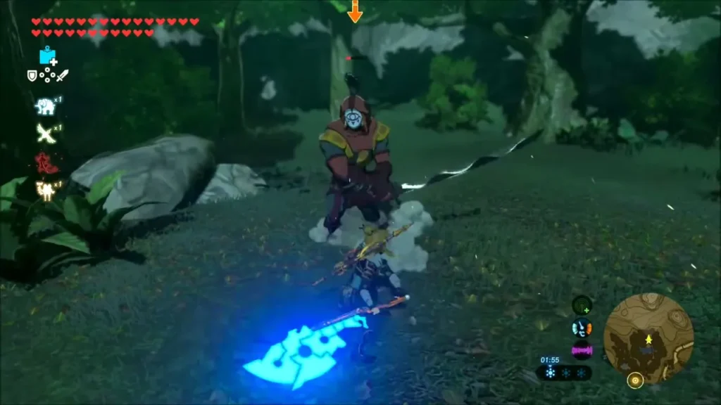 Link swinging a glowing blue axe at the Yiga Blademaster in melee Link swinging a glowing blue axe at the Yiga Blademaster in melee