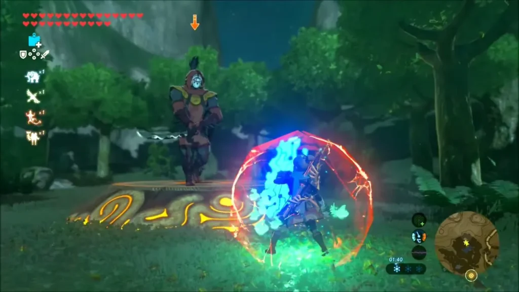 Link guarding with a shield while the Yiga Blademaster stands on a platform Link guarding with a shield while the Yiga Blademaster stands on a platform