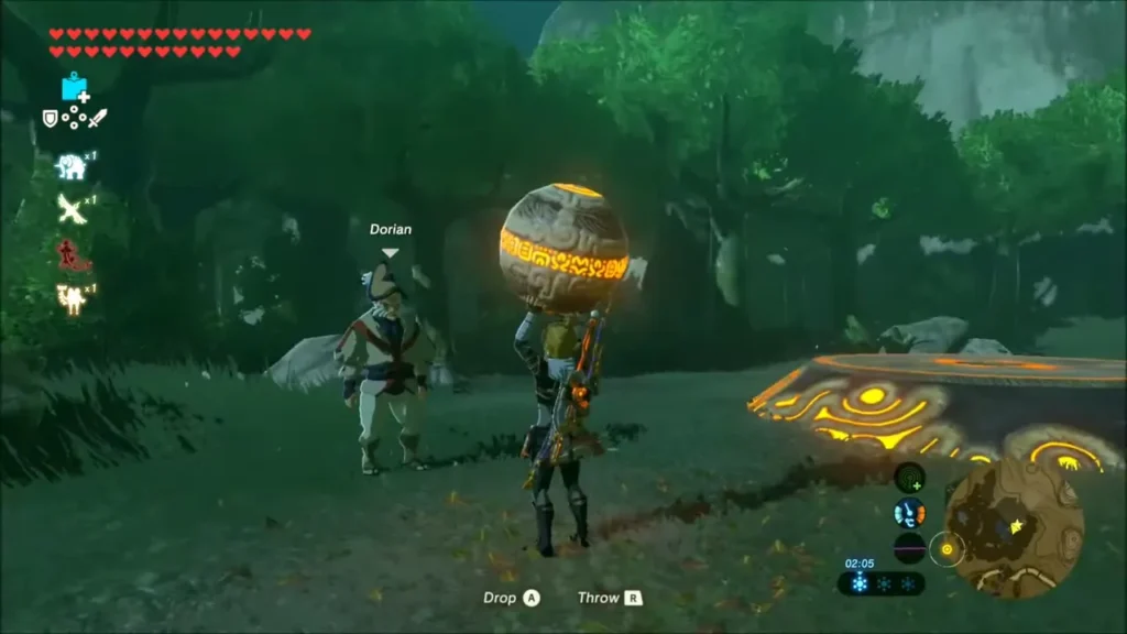 Link carrying the orb toward the glowing pedestal with Dorian watching Link carrying the orb toward the glowing pedestal with Dorian watching