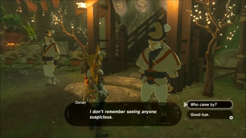 Link questioning Dorian, a Kakariko guard, outside Impa's house Link questioning Dorian, a Kakariko guard, outside Impa's house