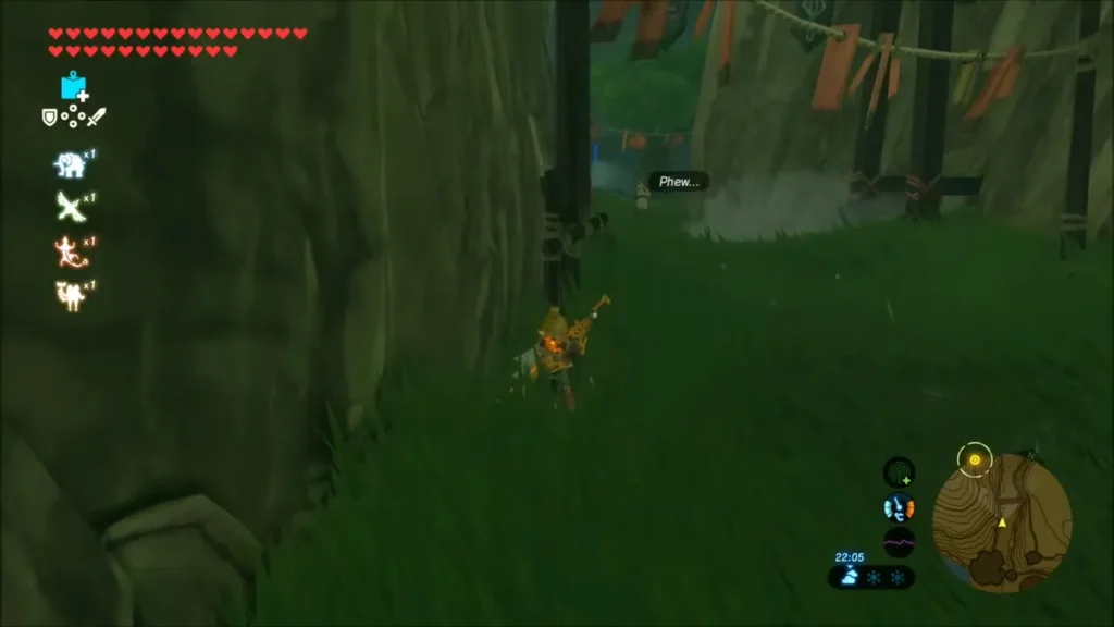 Link hugging a cliff wall while the guard Dorian walks off in the distance Link hugging a cliff wall while the guard Dorian walks off in the distance