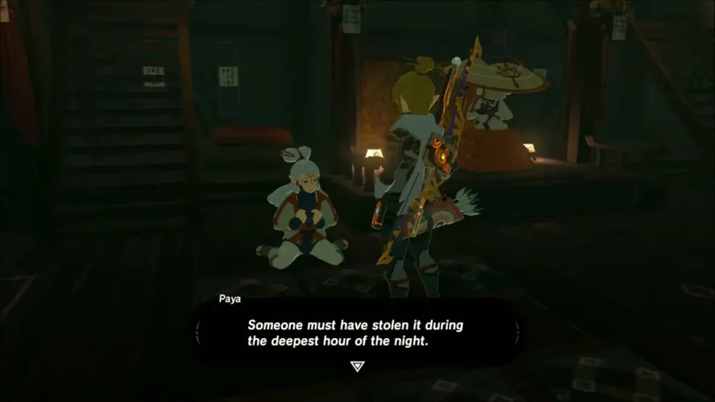Paya sitting in her room telling Link someone stole the heirloom in the night Paya sitting in her room telling Link someone stole the heirloom in the night