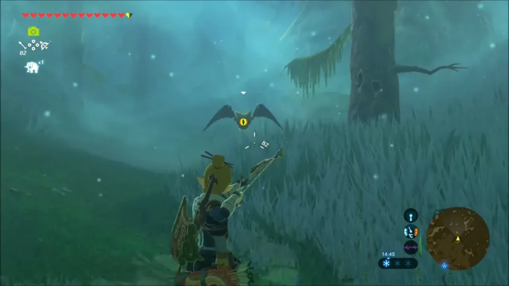 Link aiming a bow at a Keese in the fog Link aiming a bow at a Keese in the fog