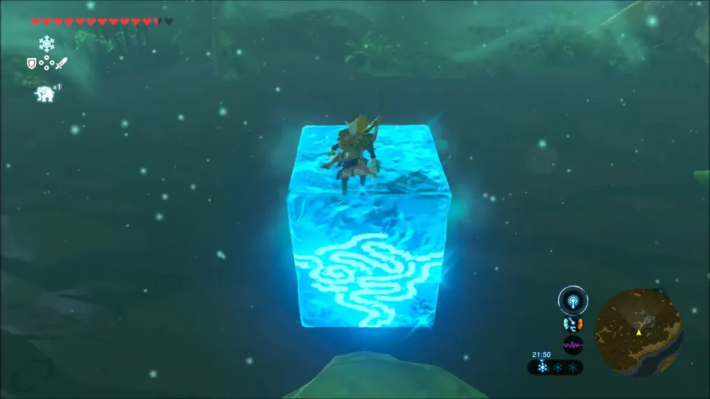 Link on an ice block rising from dark swamp water Link on an ice block rising from dark swamp water