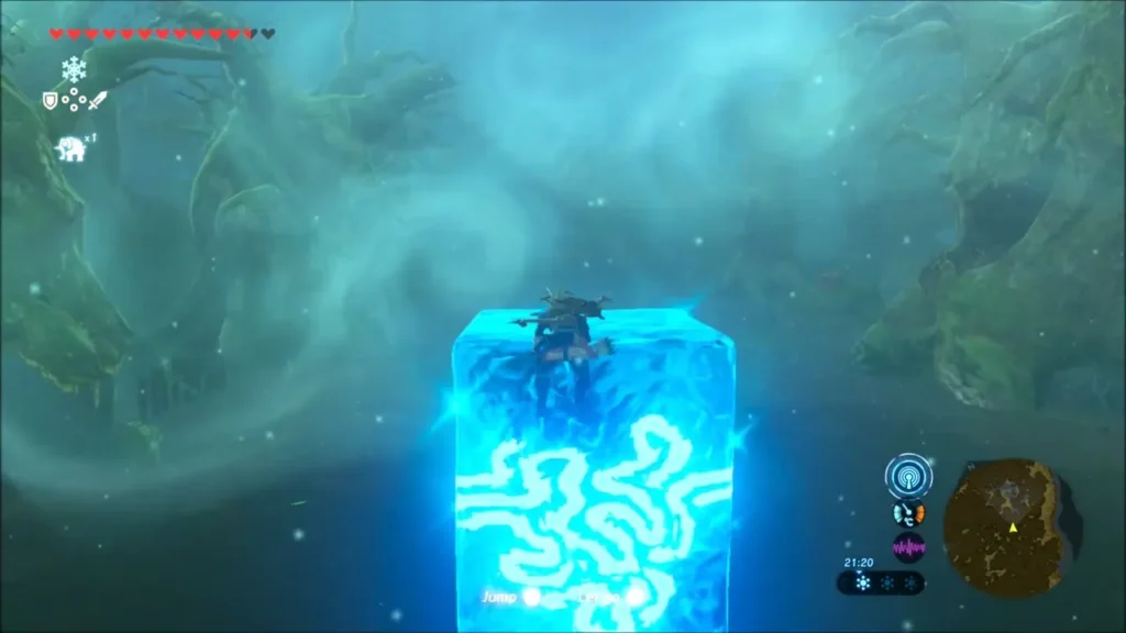Link standing on a Cryonis ice block over the swamp Link standing on a Cryonis ice block over the swamp