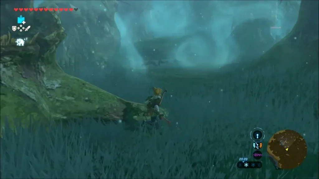 Link walking beside a mossy fallen log in the fog Link walking beside a mossy fallen log in the fog