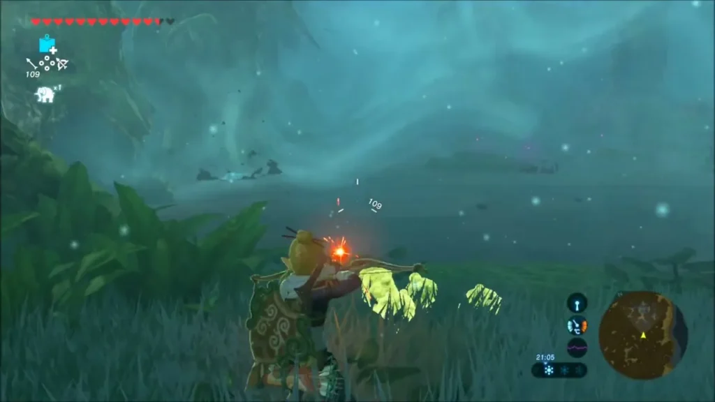 Link drawing a bow with a flaming arrow at a distant target Link drawing a bow with a flaming arrow at a distant target