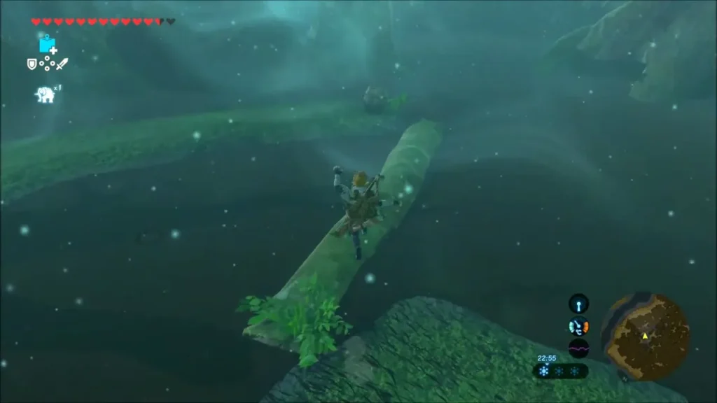 Link balancing along a fallen log across the swamp Link balancing along a fallen log across the swamp