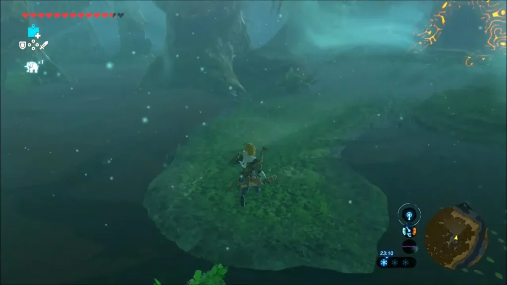 Link on a mossy swamp island with the glowing Maag Halan Shrine in the fog Link on a mossy swamp island with the glowing Maag Halan Shrine in the fog