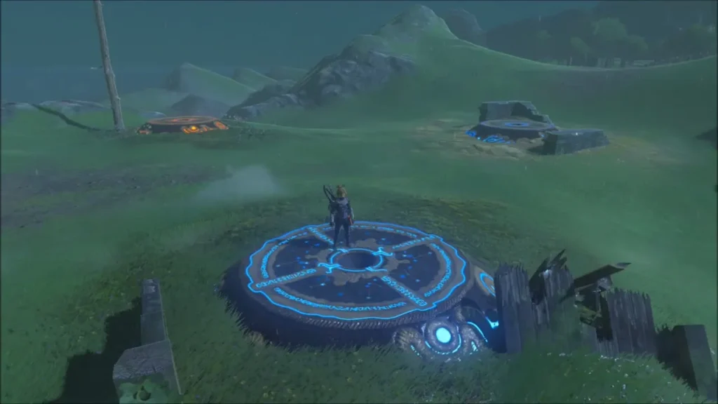 Link standing on a glowing blue ancient orb pedestal on the Taran Pass hillside Link standing on a glowing blue ancient orb pedestal on the Taran Pass hillside