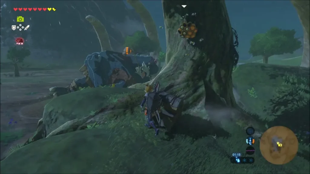 Link creeping up a tree beside the sleeping blue Hinox Link creeping up a tree beside the sleeping blue Hinox
