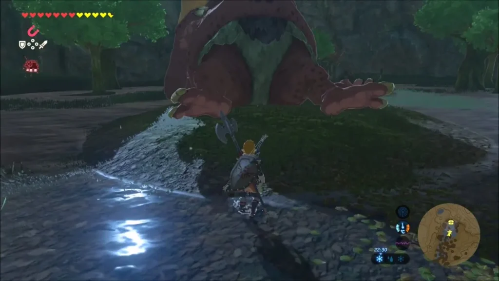 Link approaching a sleeping Hinox on a grassy island in the marsh Link approaching a sleeping Hinox on a grassy island in the marsh