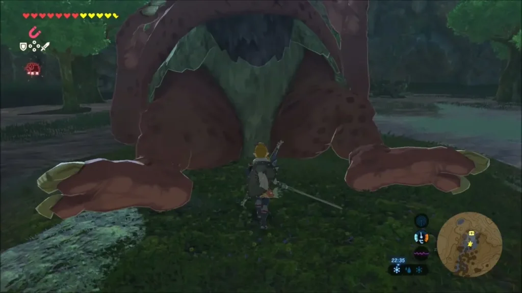 Link standing right below the sleeping Hinox Link standing right below the sleeping Hinox
