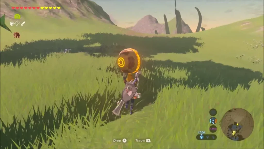 Link carrying the glowing Hinox orb across the grass Link carrying the glowing Hinox orb across the grass
