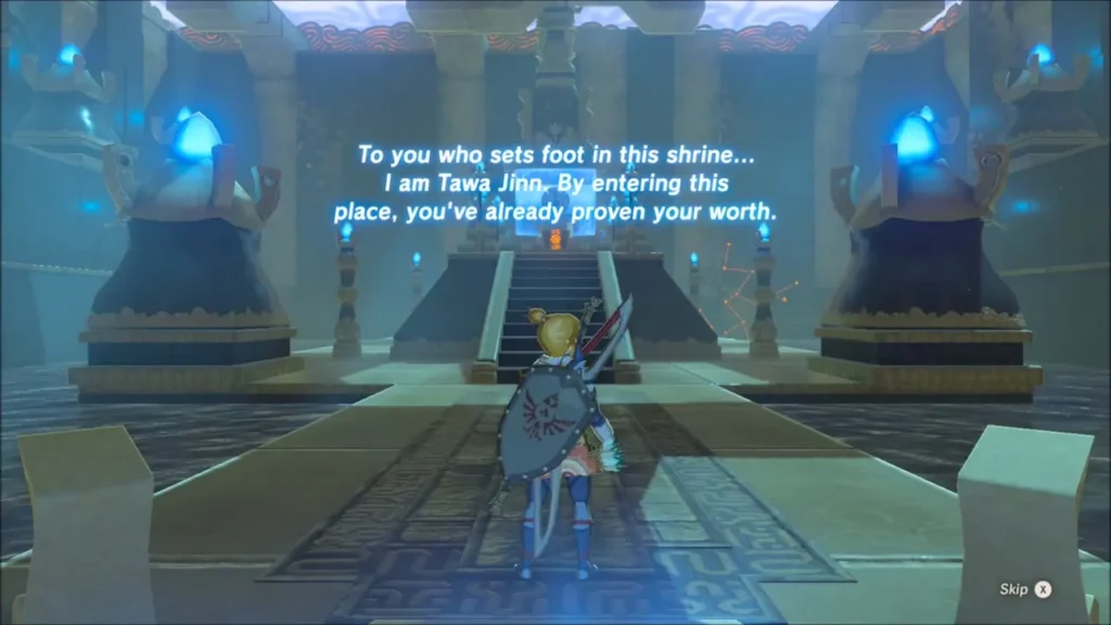 Link walking up the hall inside Tawa Jinn Shrine toward the altar Link walking up the hall inside Tawa Jinn Shrine toward the altar
